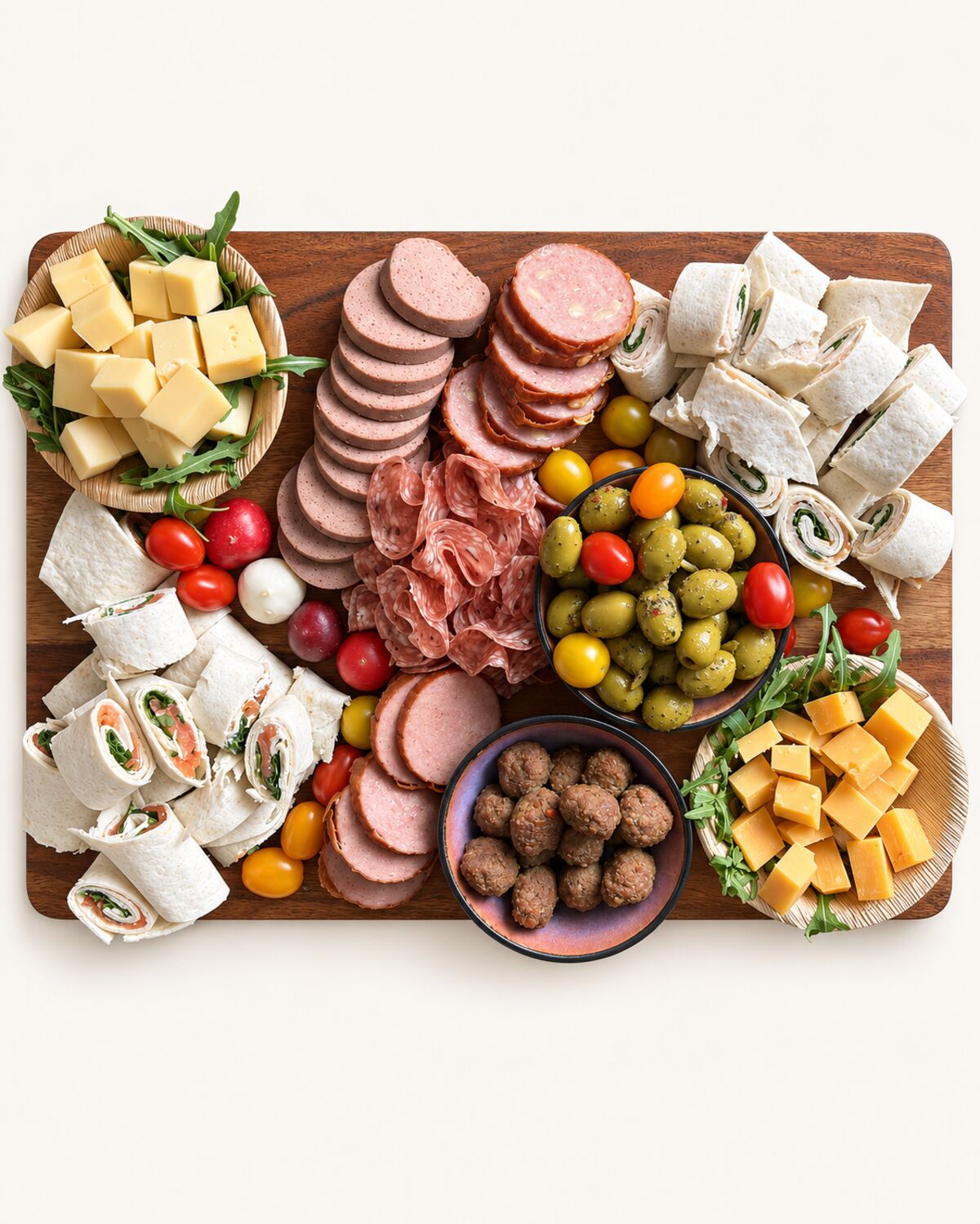 Borrelplank met wraps, worst, kaas, olijven en gehaktballetjes.