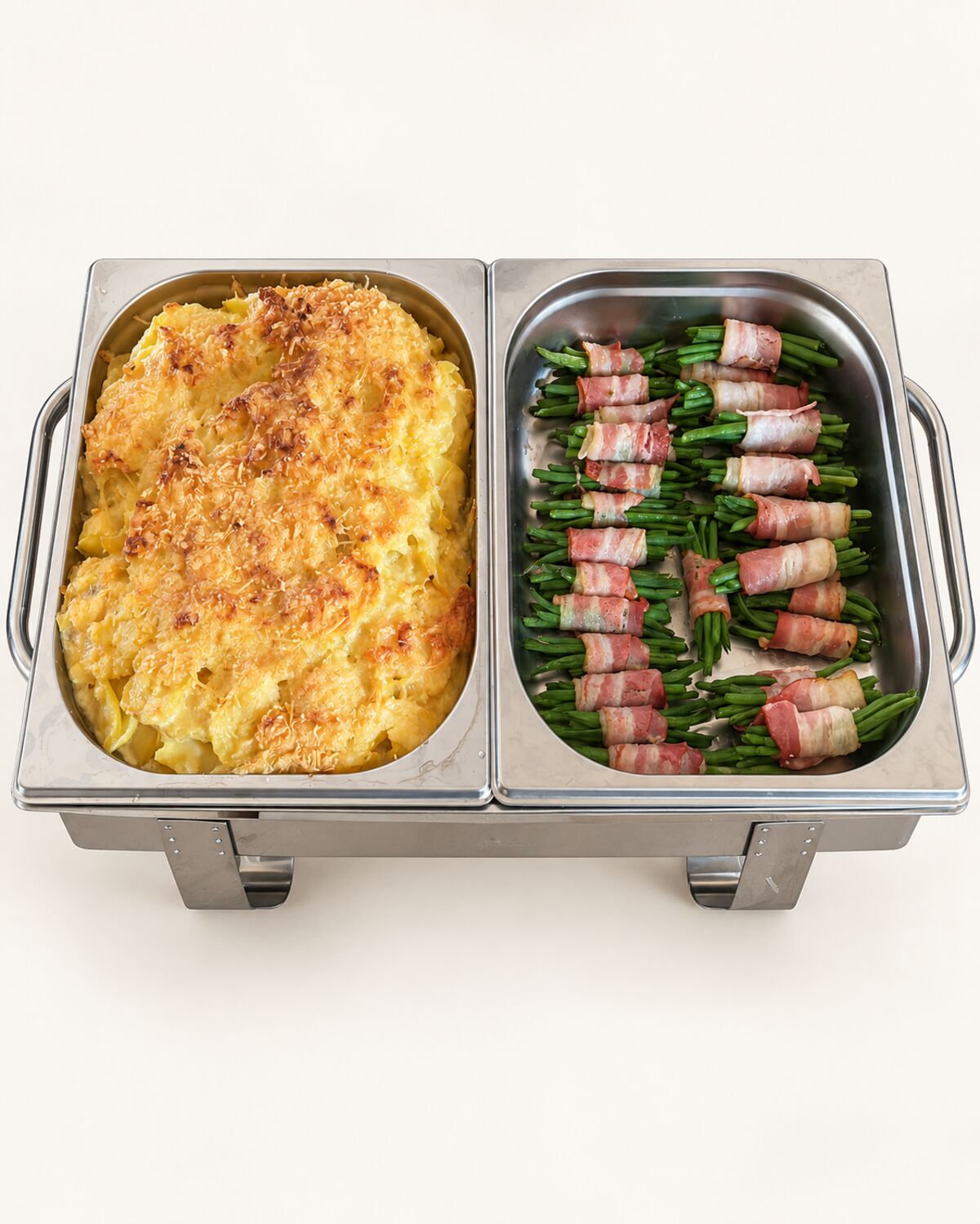 Aardappelgratin met haricots verts en spek.