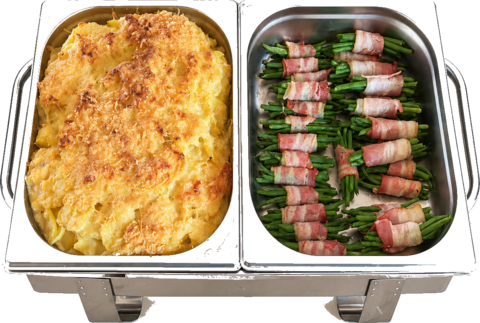 Aardappelgratin met haricots verts en spek.