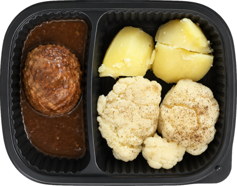 Maaltijdbak met bloemkool, gekookte aardappelen en een gehaktbal in jus.